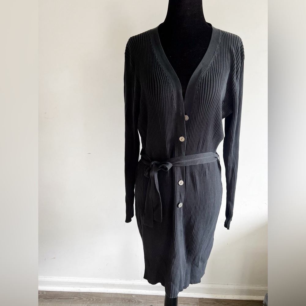 Casual Corner Silk Blend Ribbed Button Front Long Cardigan in Black